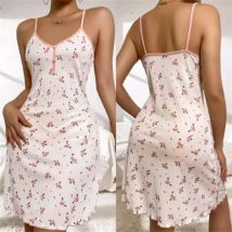 Nuova camicia da notte floreale dolce da donna con bottoni sul davanti e scollo a V, indumenti da notte per la casa, reggicalze, stampa sexy di media lunghezza, comoda taglie forti