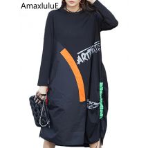 Amax luluE 2024 Frühling Koreanische Luxus Marke Frauen Lose Lange Kleider Damen Gedruckt Punk
