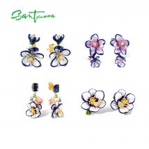SANTUZZA Tropfenohrringe aus 925er-Sterlingsilber für Damen, funkelnde lila weiße Emaille-Blume, schöne Geburtstagsgeschenke, edler Schmuck