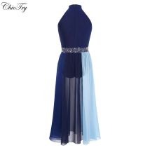 Kids Girls Lyrical Dance Dress Modern Contemporary Costume Sleeveless Rhinestones Color Block Side Split Chiffon Dress Dancewear