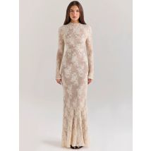 Fantoye Drucken Floral Pfirsich Spitze Maxi Kleid Frauen Langarm Rundhals Kleid Weibliche Winter Dünne Elegante Party Vestidos 2024