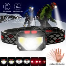 Leistungsstarke LED-Induktionsscheinwerfer, USB wiederaufladbar, COB-Scheinwerfer, eingebaute Batterie-Kopf-Taschenlampe zum Angeln, Camping, Taschenlampe