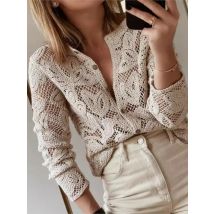 Mode Spitze Stricken Hemd Für Frauen Casual Solide Langarm O Neck Taste Haken Blume Hohl Shirts Tops Dame Urlaub Kleidung Neue