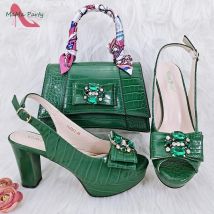 2024 New Design Sexy Style Ladies Shoes and Bag to Match in Green Color Square Heels Peep Toe Sandals for Wedding Party