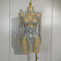 STOCK Sparkly Rhinestones Sexy Mesh Transparent Mini Dress Eveing Birthday Party Dance Nightclub Fashion Show Stage Costumes