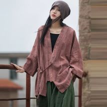 Hohe Qualität Baumwolle Leinen Casual Jacken Frauen Neue Ankunft 2024 Herbst Vintage Stil V-ausschnitt Lose Weibliche Oberbekleidung Mäntel M239