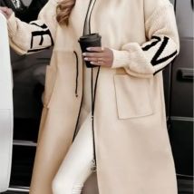 Hooded Long Knitted Patchwork Jacket For Autumn Winter Fashionable Women's Casual With Pocket Zipper Jacket Manteaux Hiver Femme