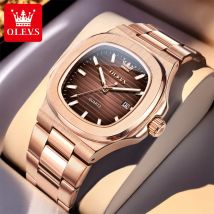 OLEVS Fashion Square Men Watches Business Stainless Steel Rose Gold Quartz Watch Calendar Date Male Casual Sports Luminous Clock