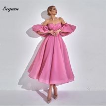 Hot Pink Organza Formal Evening Dresses Short Sleeve Customized Women Midi Prom Gowns Party Robe de soiree Abendkleider