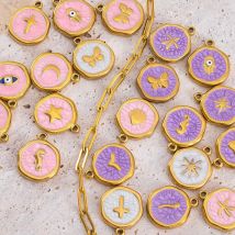 5 pezzi in acciaio inossidabile viola smalto rosa cuore occhio sole luna braccialetto rotondo pendenti con ciondoli risultati di gioielli collana orecchino fai da te
