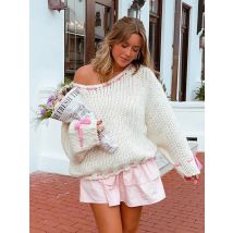 Süßer Mädchen-Pullover, modisch, langärmelig, lockeres Strickoberteil, 2024, Herbst/Winter, lässig, kurz, kontrastierende Farbe, Streifen, Strickpullover, Top A2958