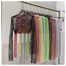 2025 nuevo verano Sexy brillante diamante corto camisetas delgadas Slim Hot Drill camiseta de manga larga Sexy blusa de cintura de fuga