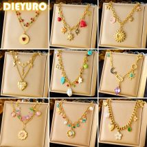 DIEYURO 316L Edelstahl Sonne Baum des Lebens Liebe Perle Blume Kristall Halskette Frauen Neue Trend Kette Schmuck Weihnachten Geschenk