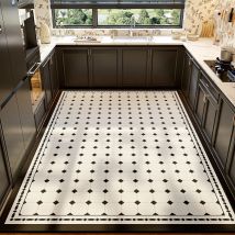 Küchenbodenmatte, schwarz, weiß, Rautengittermuster, PVC-Leder, rutschfester Teppich, wasserdicht, ölbeständig, großer Teppich für Heimdekoration