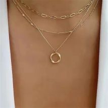 SUMENG 2024 Neue Gold Farbe Multi Layered Ketten Halskette für Frauen Mädchen Kreis Anhänger Vintage Halsketten Mode Schmuck Geschenke
