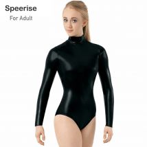 Speerise Women Silver Shiny Metallic Dance Clothes Turtleneck Art Gymnastics Leotard Costumes Ballet Dance Long Sleeve Leotards