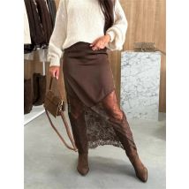 Trendix Damskie Spódnice z Koronką w Stylu Patchwork 2025 Nowe Spódnice Maxi z Wysokim Stanem, Wyszczuplające, z Wycięciami, Jesienne Brązowe Modne Spódnice na Imprezę, do Klubu, w Stylu Boho