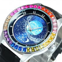 AOKULASIC Luxury Mechanical Watch for Men Rotating Star Dial Fashion Rainbow Automatic Watches Steel Leather Band Wristwatcheses