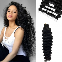 Deep Wave Tape In Extensions 100 % Echthaar Deep Curly Tape on Hair Extensions Skin Weft Remy Natural Hair Extensions # 1B