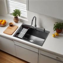 Lavello da cucina nero, lavello a vasca singola in acciaio inox, lavello da appoggio con rubinetto estraibile, con accessori multipli