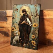 Metallwandschild „Saint Francis and Animals“, rustikales christliches Kunstdekor, wetterfestes religiöses Aluminiumschild für Zuhause
