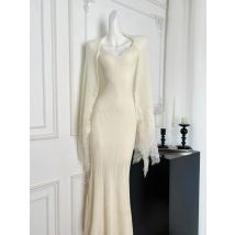 Koreanische Frauen Herbst Winter neue beige Spitze Knopf elegante Schal Tops und V-Ausschnitt Strick Fischschwanz Slip langes Kleid zweiteiligen Anzug