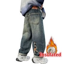 Big Boy Winter Isolierte Cartoon Jeans Für Kinder Teenager Fleece Gefüttert Denim Hosen Kinder Breite Bein Thermo Jeans Hosen 5-14Y