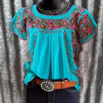 Frauen Ethnische Blumen Gedruckt T shirt Kurzarm Retro Casual Sommer T Tops Rundhals Mode Amerikanischen Retro Tops 2025