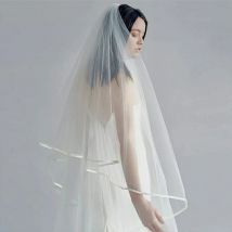 TOPQUEEN V97 Short Wedding Veils Ribbon Edge Bride Veil 2 Layer Veil Elegant Bridal Wedding Veil for Bachelorette Party Accessor
