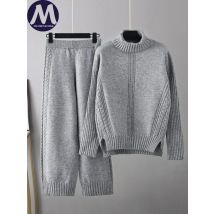 Damen-Set mit Rollkragen, Strickpullover und Mantel, lässig, locker, elastische Taille, weites Bein, Hose, 2-teiliges Herbst-Winter-Outfit