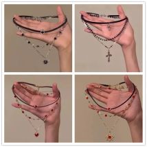 Y2K Multi Layer Cross Red Sun Heart Pendant Beaded Chain Necklace For Girl Vintage Aesthetic Gothic Harajuku Jewelry Accessories