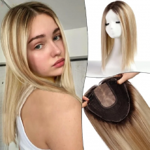 Brown Blonde Highlight Human Hair Toppers 9x9inch 5Clips Silk Base 16inch Natural Remy Hair Toppers in Extension Piece for Women