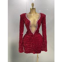Sexy glänzendes rotes Pailletten-Strass-Minikleid, 2025, neues Damen-Abend-Geburtstagsfeier, Nachtclub, Bühnenkostüm