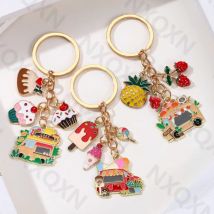 Nette Auto Eis Erdbeeren Ananas Kuchen Emaille Schlüsselbund Obst Desserts Schlüssel Ring Für Frauen Männer Handgemachte DIY Schmuck Set