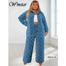 Wmstar Plus Size Denim Two Piece Sets Women Fall Clothing Print Long Sleeve Tops Pants New Matching Suits Wholesale Dropshopping