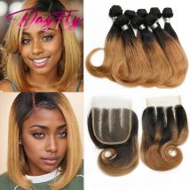 Kurze Ombre Menschliches Haar Bundles mit Verschluss 4x4 Brasilianische Menschliche Haarwebart 8Pcs Bouncy Lockige Bundles Mit verschluss Transparent