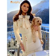 2026 Winter New Women Tweed Fringed 2 Two-Piece Set Sexy Long Sleeve Button Jacket + Short Skirt Set Vestidos Party Suit