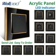 Wallpad EU Outlet z USB Czarny panel akrylowy ze złotą ramką 2-drożny włącznik ścienny z czujnikiem ruchu LED