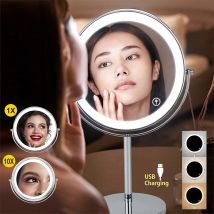 Espejo de maquillaje de 8 pulgadas con luces LED de 3 colores, aumento 5X7X10X, espejo de tocador de doble cara, espejos de mesa de escritorio con carga USB