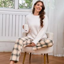 Damen-Nachtwäsche-Set aus Flanell – langärmlige Oberteile mit Rundhalsausschnitt und elastischen Hosen, Pyjamas, weich und bequem und zweiteiliges Set