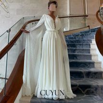CUYUN Pleated Luxury Women Evening Dresses V-Neck Long Sleeves Women Prom Party Gown Customized A Line Wedding Party Dresses