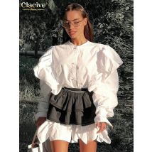 Clacive Mode Lose Weiße Baumwolle Kleid Damen Casual Oansatz Langarm Mini Kleid Elegante Klassische Plissee Kleider Für Frauen