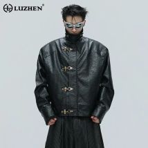 LUZHEN Personalized Cross Buttoned Placket Stand Neck Leather Jacket Men's 2025 New Original Fleece Liner Street Clothes JY4801