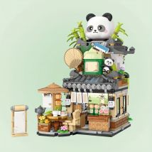 Street View Spring Style Cute Bear Cafe Store, Panda Teehuis Mini-Bausteine-Set, DIY-Ziegel-Set, Heimdekoration,