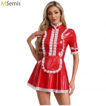 Glänzende Damen-Dienstmädchenkleider aus Lackleder und Latex, freche französische Dienstmädchenuniform, Karneval, Cosplay, Clubwear-Kostüm