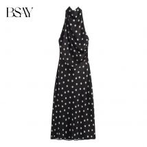 BSAY plissiertes rückenfreies Design Herbst neuer Artikel 2025, Damen-MIDI-Kleid mit hängendem Hals, Mondmuster, Seidenstruktur, französisches Abendkleid