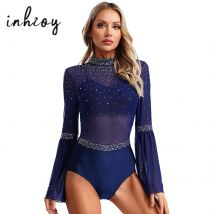 Damen-Eiskunstlauf-Kostüm mit ausgestellten Ärmeln, glitzernder Strassstein, durchsichtiges Netz, Rhythmische Gymnastik-Body, Tanz-Ganzanzanzug, Tanzbekleidung