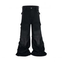 Vintage Washed Abnehmbare Flared Cargos Herren Straight Casual Baggy Overalls Übergroße Streetwear Boot Cut Schwarze Farbe Hose