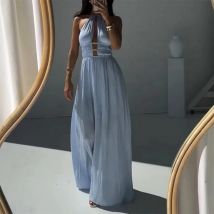 2025 Sexy Halter Hohl Hohe Taille Urlaub Kleid Einfache Feste Off Schulter Gefaltete Lange Kleid Elegante Sommer Lose Strand Kleider