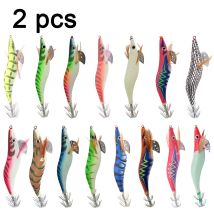 2 pezzi di esca da pesca in legno premium con calamari, design realistico di gamberetti e seppie, esca dura per acqua salata e acqua dolce